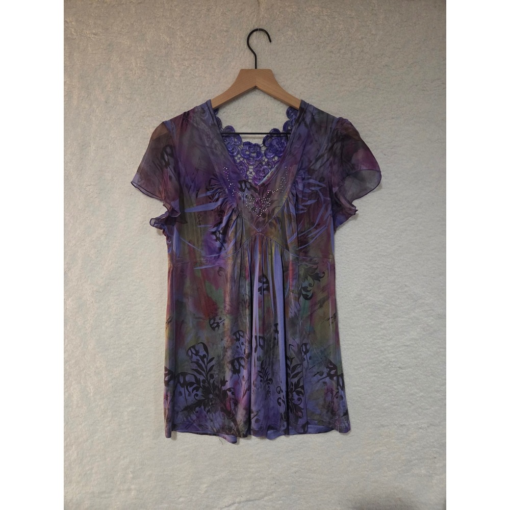 Unity World Wear Whimsical Floral Lace V-Neck Mesh Top Rhinestone L
Festival
